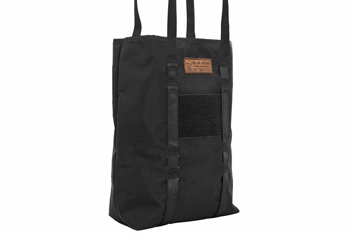 X-Pac Market Tote bag by Blue Ridge Overland Gear - black colorway, front quarter turn view