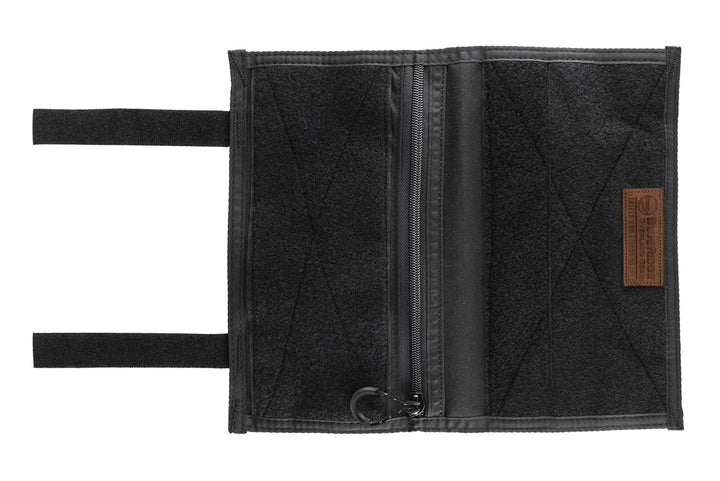 Velcro Visor Organizer (BLACK) - unfolded, with zipper pocket, velcro fields, and leather tag