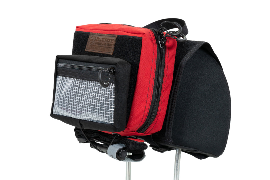 IFAK Velcro Pouch 2.0 - attached to headrest via the Headrest Velcro Panel, with Medium Velcro Pouch on outside