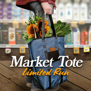 X-Pac Market Tote bag by Blue Ridge Overland Gear - young woman holds high end tote full of groceries and flowers in health food store.