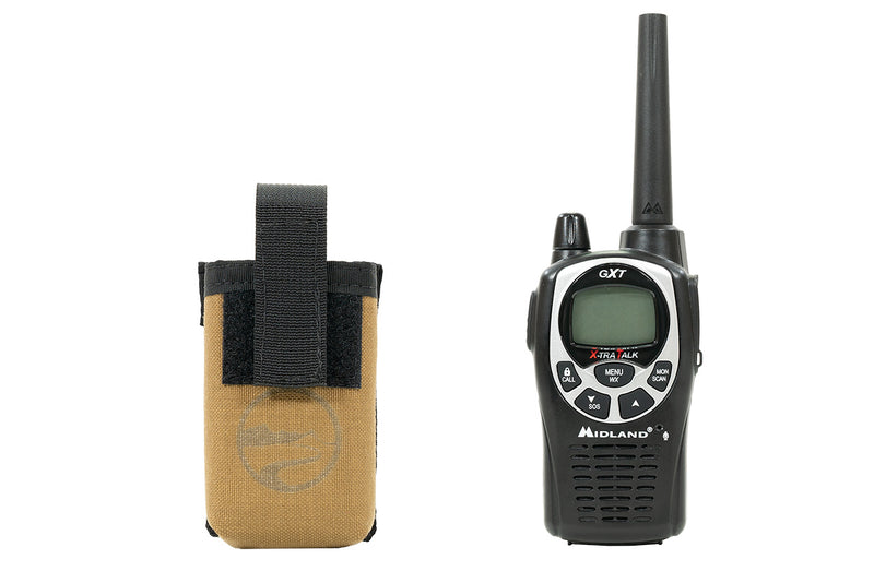 Blue Ridge Overland Gear Radio Pouch - coyote, next to black and silver Midland radio