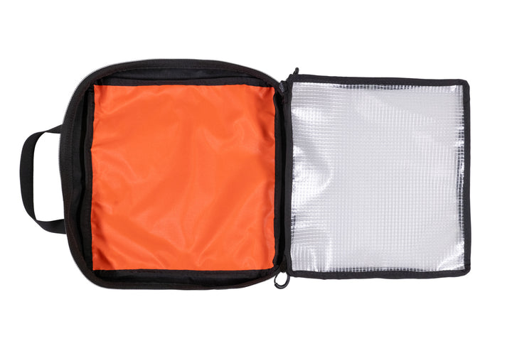 12x12 Packing Cube Mesh - open, black with orange hi-vis interior