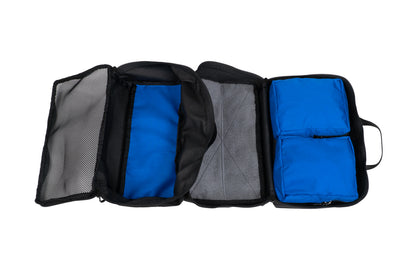 Triple Run Air Hose Bag - open, black with blue interior and grey velcro