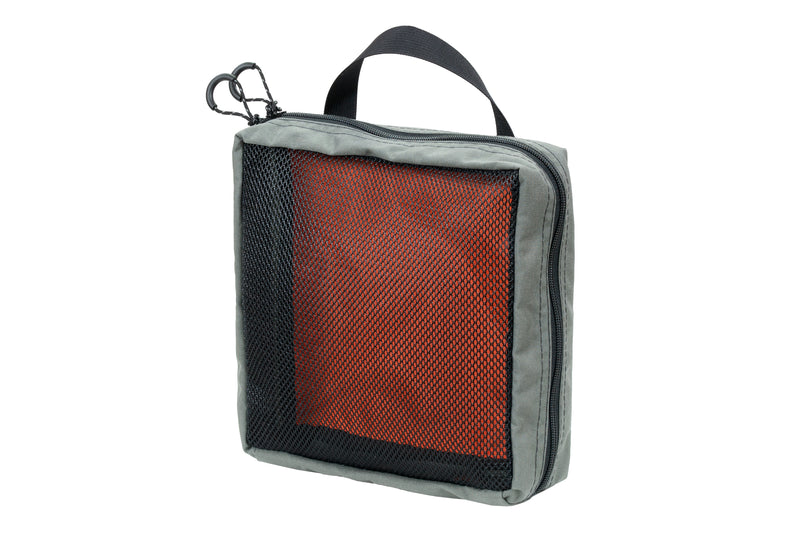 10x10 Triple Run Mesh Packing Cube - front, gray with hi-vis orange interior