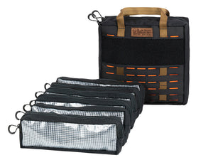 BROG Tool Bag in black and orange with six removable clear-front zippered pouches.