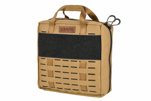 Front angled view of BROG Tool Bag in Coyote with black accents, hook-and-loop panel, and laser-cut MOLLE.