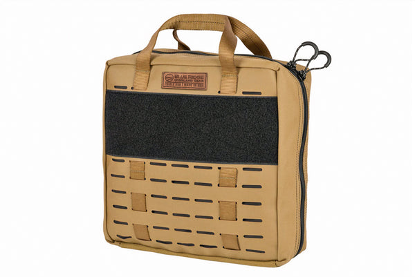 Front angled view of BROG Tool Bag in Coyote with black accents, hook-and-loop panel, and laser-cut MOLLE.