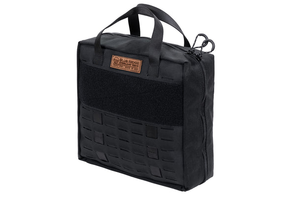 Front angled view of BROG Tool Bag in Black with black accents, hook-and-loop panel, and laser-cut MOLLE.