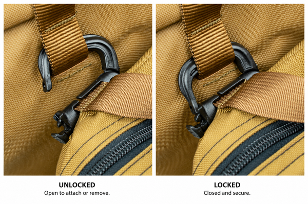 Close-up comparison of Grimloc clip open and closed, demonstrating how it attaches and secures gear to the BROG Tool Bag.