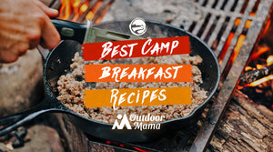 Cast iron pan with frying sausage and text saying 'Best Camp Breakfast Recipes'