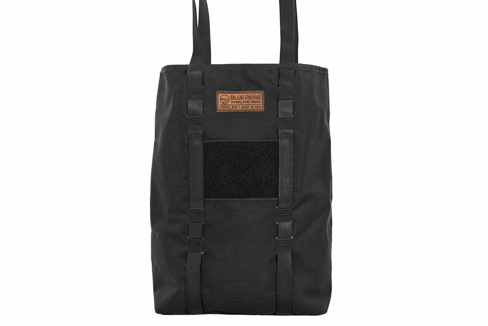 X-Pac Market Tote bag by Blue Ridge Overland Gear - black colorway, front, zoomed in view