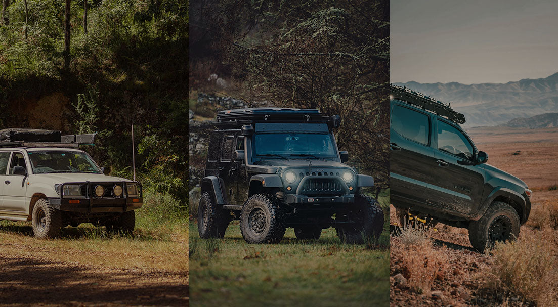 Overlanding vehicles in various environments traveling 