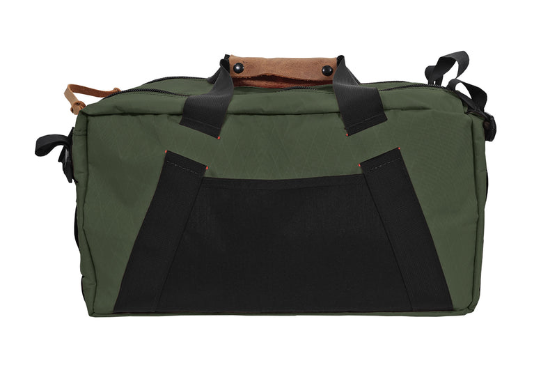 Back of olive green TOUR Duffel by Blue Ridge Overland Gear