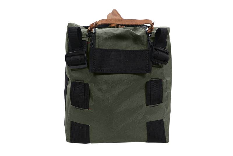 Side view of olive green TOUR Duffel by Blue Ridge Overland Gear