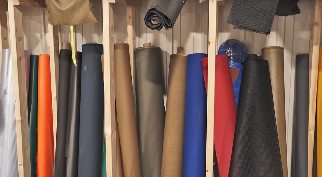 rolls of rugged fabric at Blue Ridge Overland Gear