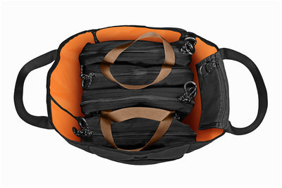 Blue Ridge Overland Gear Tote Bag - black, top down loaded with packing cubes, orange hi-vis interior