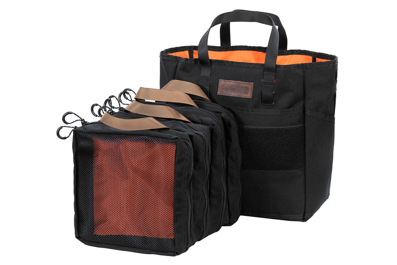 Blue Ridge Overland Gear black tactical Tote Bag bundle with four Medium Packing Cubes - front view. Made in the USA