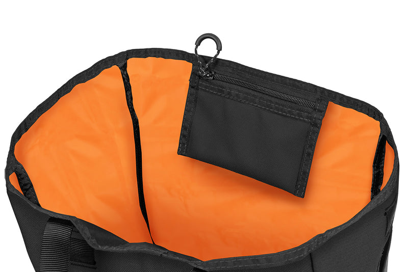 Tote Bag with safety orange inner lining and zip pocket.