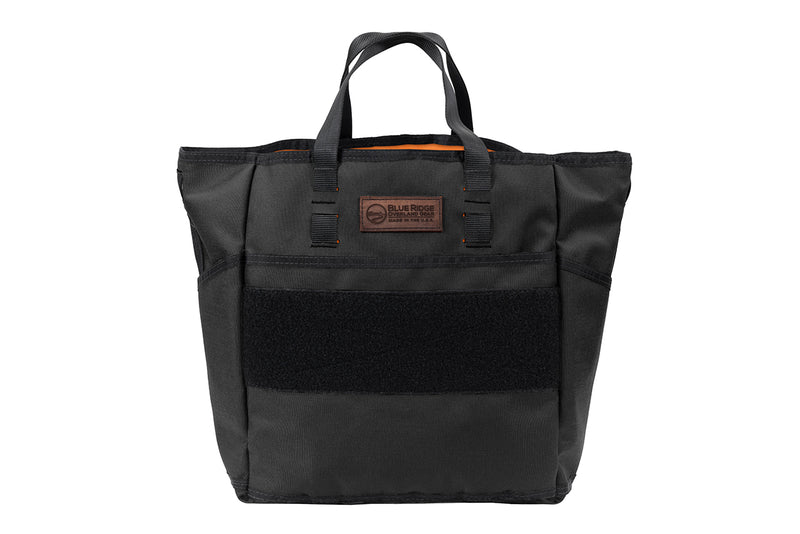 Blue Ridge Overland Gear Tote Bag - black, front with BROG leather tag and orange hi-vis interior