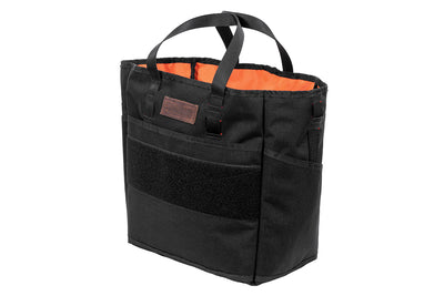 Blue Ridge Overland Gear Tote Bag - black, front with BROG leather tag and orange hi-vis interior