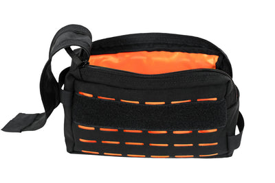 Open Beard Tamer with high vis orange interior and MOLLE front. Made in the USA by Blue Ridge Overland Gear.