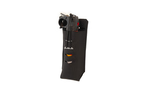 Black bear spray pouch on white background, turned to show side view