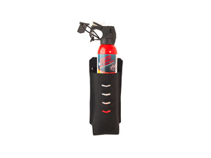 Black bear spray pouch with bear spray container coming out of pouch.