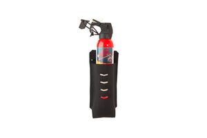 Black bear spray pouch with bear spray container coming out of pouch.