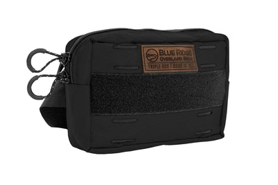 Bum Bag XL in Black - front angled, with leather BROG tag and velcro 