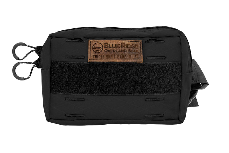 Bum Bag XL in Black - front, with leather BROG tag and velcro 