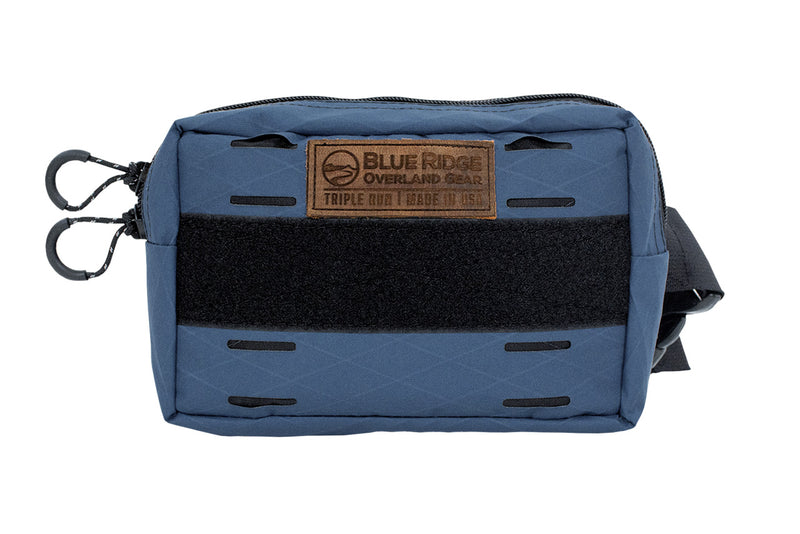 Bum Bag XL in Ocean Blue - front, with leather BROG tag and velcro 