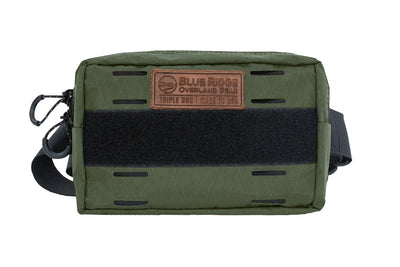 Bum Bag XL in Olive Green - front, with leather BROG tag and velcro 