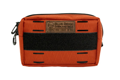 Bum Bag XL in Cayenne Orange - front, with leather BROG tag and velcro 