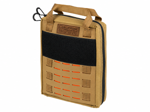 Coyote BROG Gadget Bag with leather Blue Ridge Overland Gear patch, black hook-and-loop panel, orange-backed laser-cut MOLLE slots, carry handles, and zippered closure.