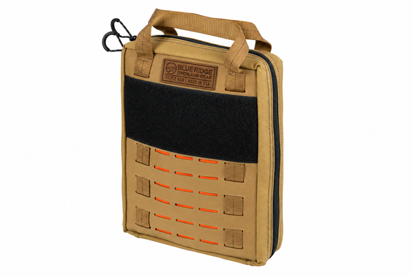 Coyote BROG Gadget Bag with leather Blue Ridge Overland Gear patch, black hook-and-loop panel, orange-backed laser-cut MOLLE slots, carry handles, and zippered closure.