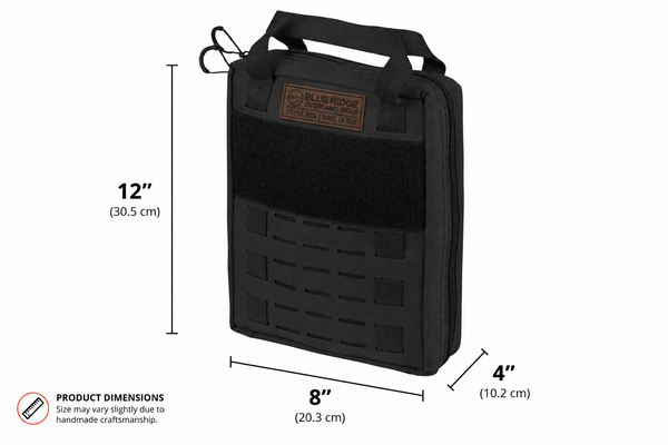 Black BROG Gadget Bag dimensions diagram showing the bag measures 12 inches high, 8 inches wide, and 4 inches deep.