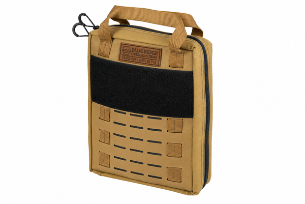 Coyote BROG Gadget Bag with leather Blue Ridge Overland Gear patch, black hook-and-loop panel, black-backed laser-cut MOLLE slots, carry handles, and zippered closure.