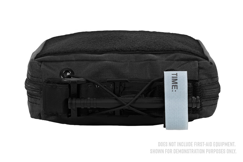 IFAK Velcro Pouch 2.0 - Small, Black colorway, bottom view with first-aid equipment for demonstration only