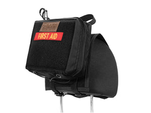 IFAK Velcro Pouch 2.0 - Small, Black colorway, quarter view on headrest panel with first-aid id panel