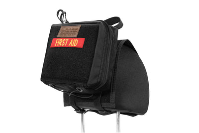 IFAK Velcro Pouch 2.0 - Small, Black colorway, quarter view on headrest panel with first-aid id panel