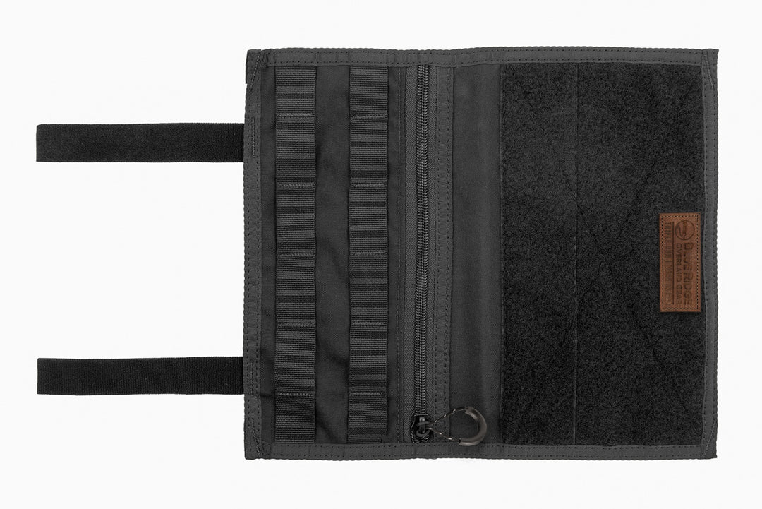 MOLLE Visor Organizer (BLACK) - unfolded, with zipper, MOLLE and velcro fields, and leather tag