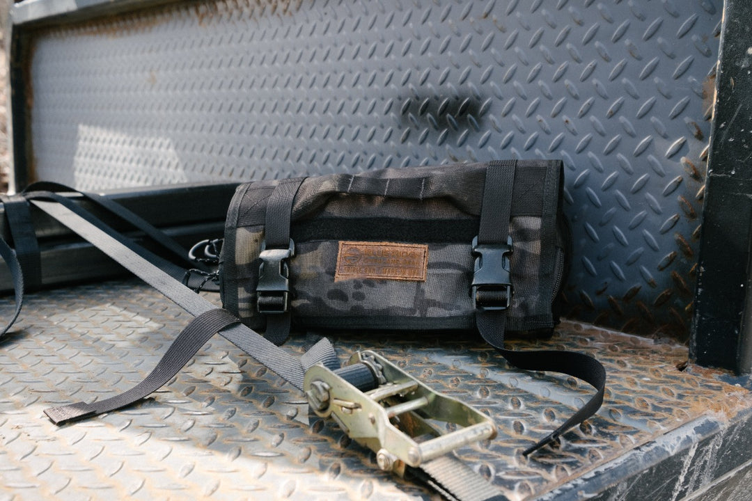 Lifestyle image: MultiCam Black Tool Pouch Roll by Blue Ridge Overland Gear - lifestyle, front view