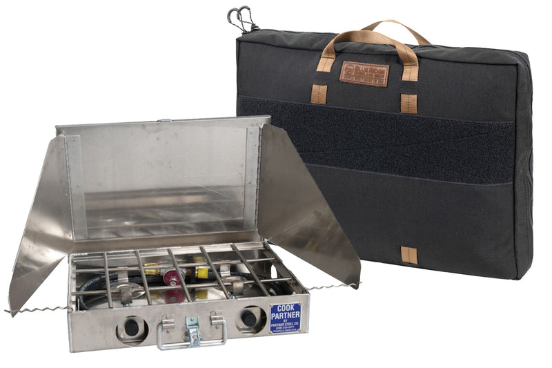 18 inch Partner Steel Stove Bag - front, with coyote straps and handles, and leather BROG logo tag