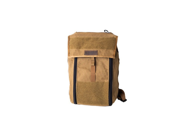Coyote Brown backpack with black accents on a white background