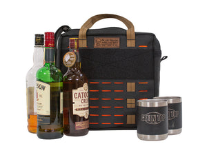 Speakeasy Bourbon Bag by Blue Ridge Overland Gear with whiskey bottles and insulated drink tumblers.