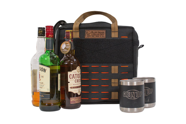 Speakeasy Bourbon Bag by Blue Ridge Overland Gear with whiskey bottles and insulated drink tumblers.