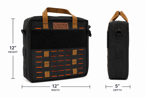 BROG Speakeasy Bag dimensions showing 12-inch height, 12-inch width, and 5-inch depth.