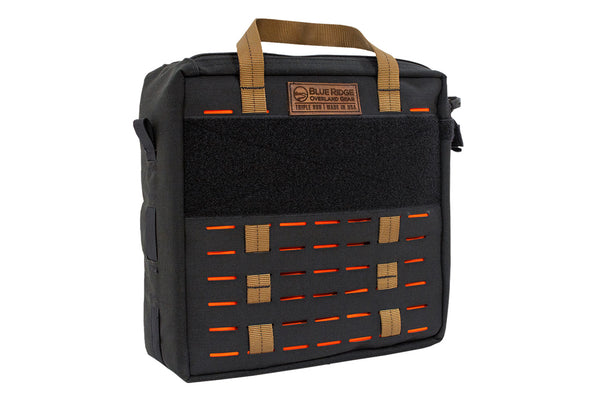 Front view of the Blue Ridge Overland Gear Speakeasy Bourbon Bag with carry handles, hook-and-loop panel, and MOLLE-style attachment slots.