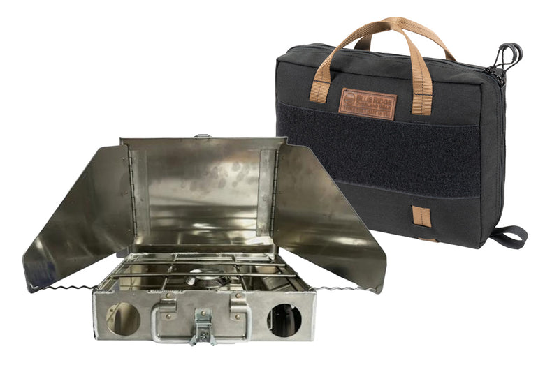 Single burner Partner Steel Stove Bag - front, with coyote straps and handles, and leather BROG logo tag