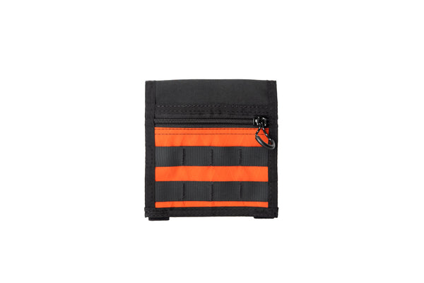 Black and orange mole visor panel with a zipper on a white background